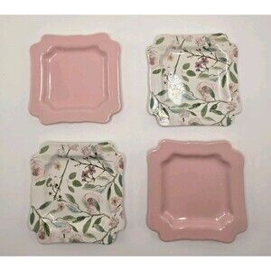 Sweet Laurel Pink Floral Ceramic Dessert Plates Set of 4, Cottagecore Barbiecore